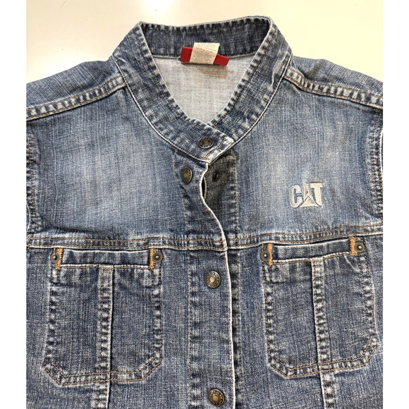Vintage CAT Denim Jacket Womens Extra Large Blue Snap Front Stretch Workwear Y2K - Picture 9 of 10
